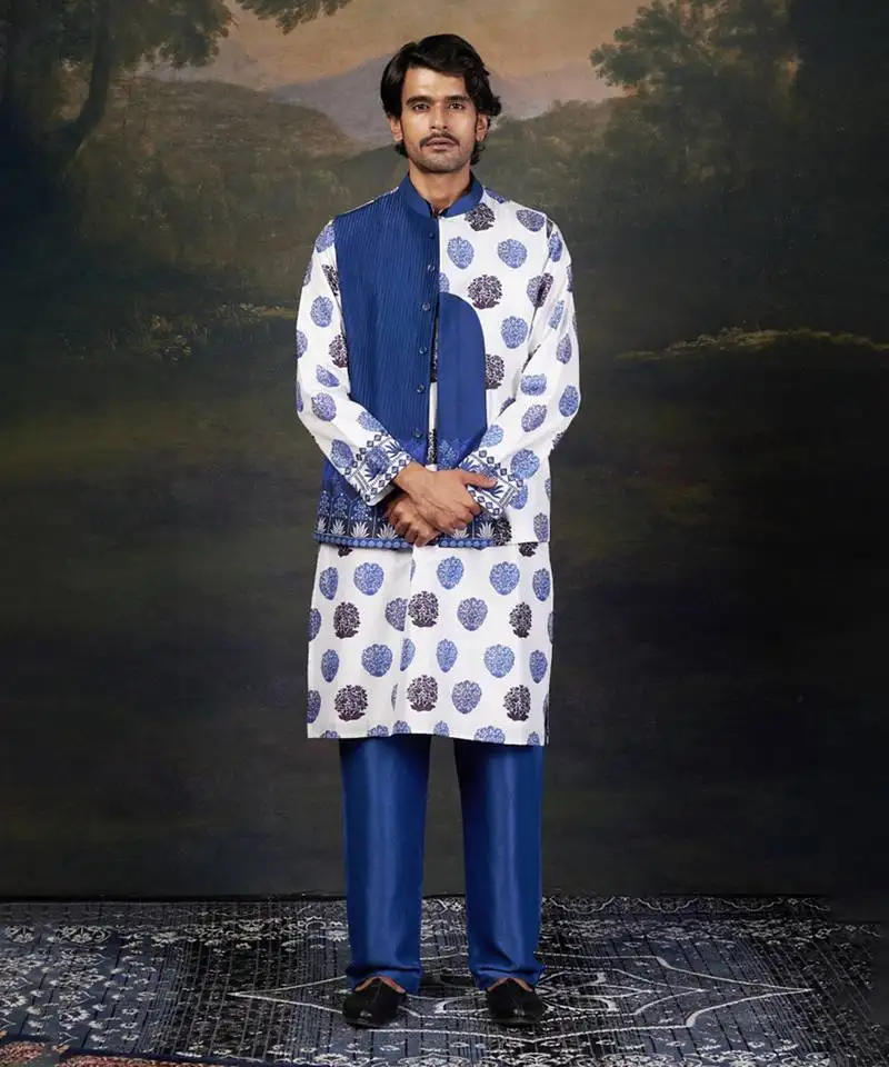 Blue buuti print nehru jacket with kurta & pyjama