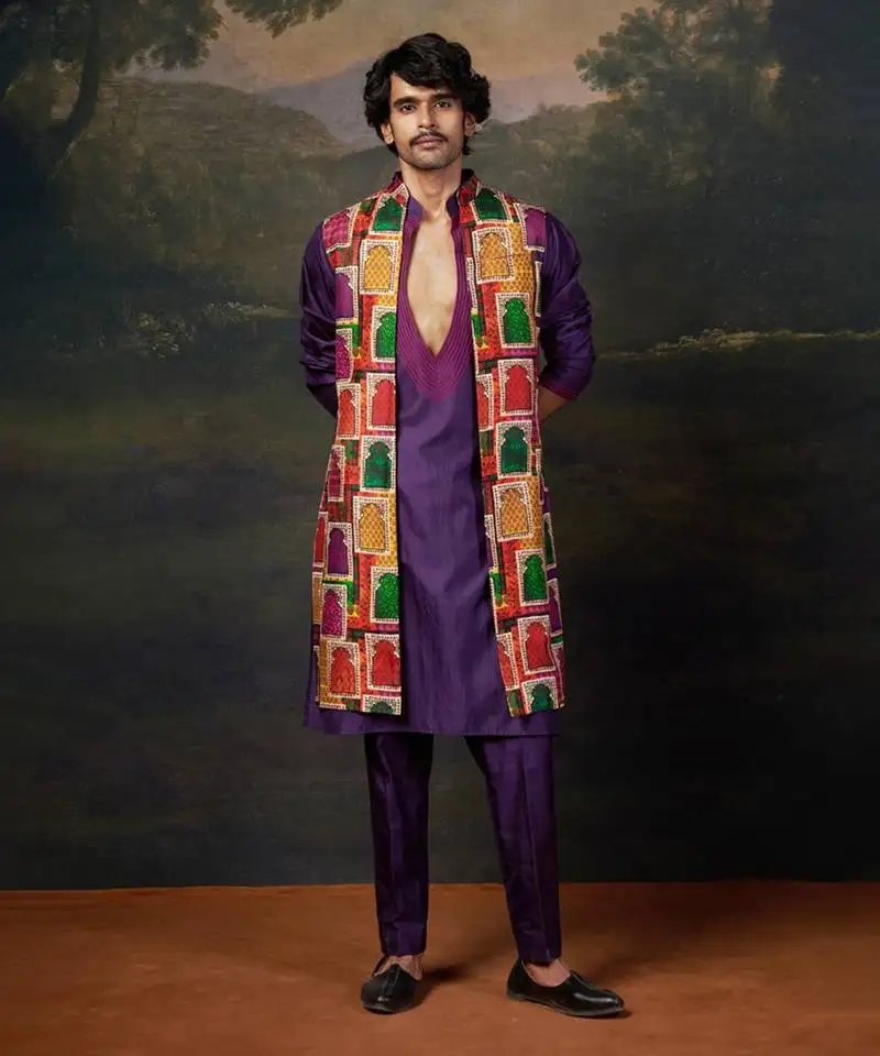 Purple hand embroidered kurta pyjama with nehru jacket set for men