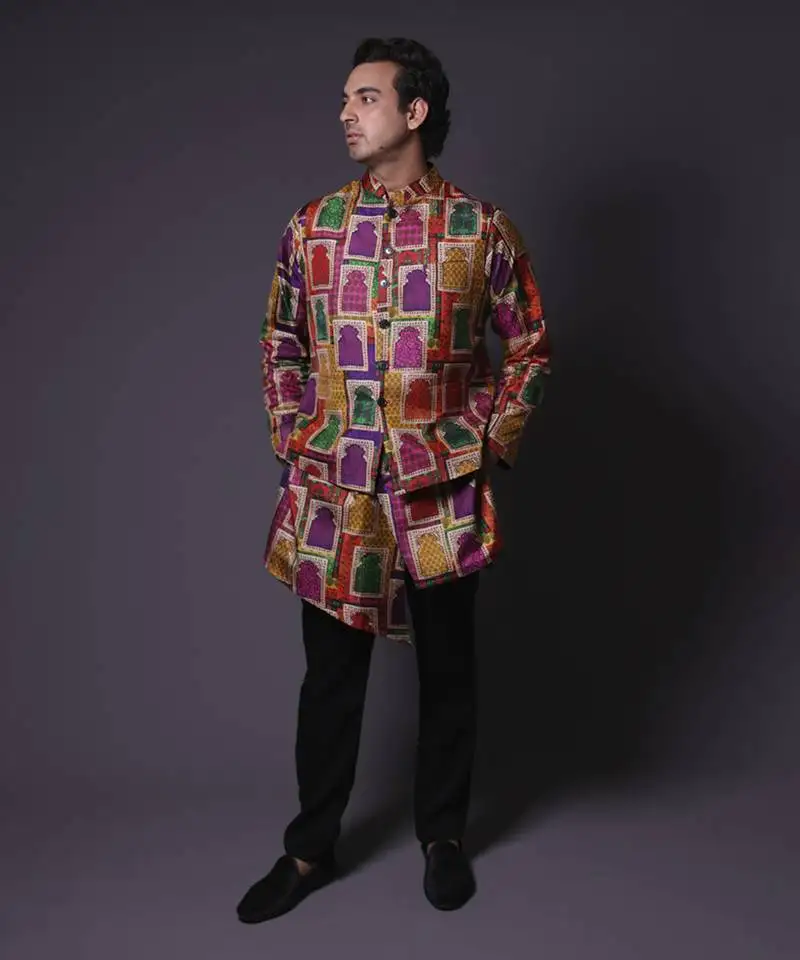 Multicolour nehru jacket with asymmetrical kurta and pant for men