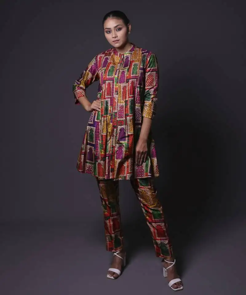 Multicolor hand embroidered pintuck kurti with pants
