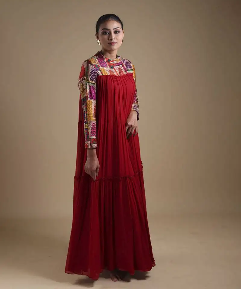 Red hand embroidered maxi gown