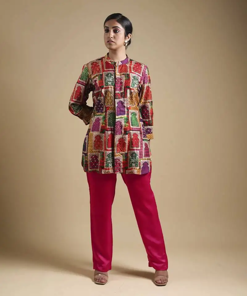 Multicolor hand-embroidered coord set