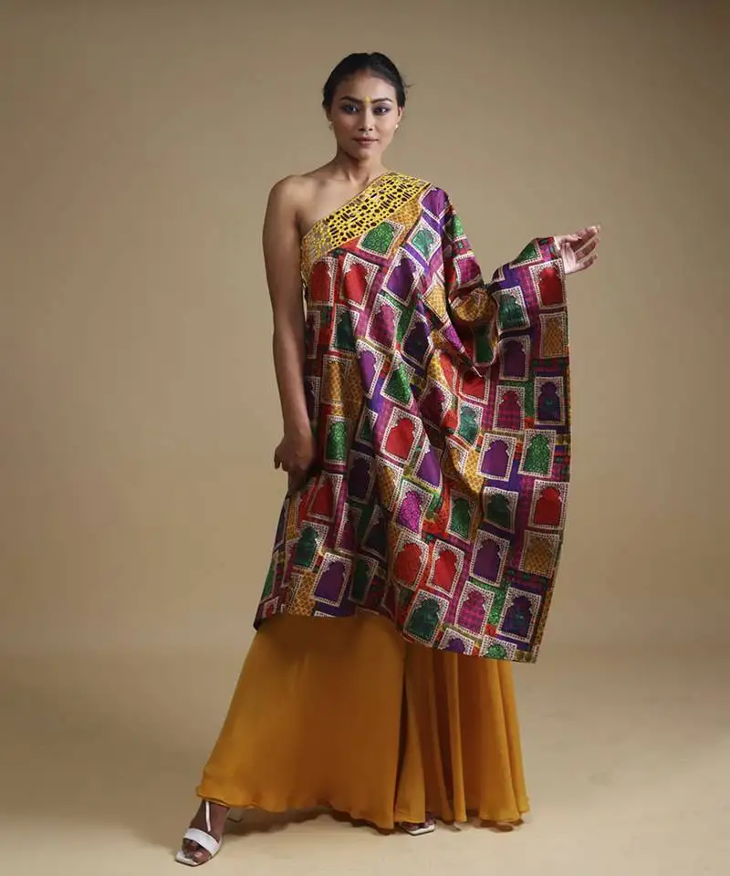 Multicolor hand embroidered off shoulder with sharara
