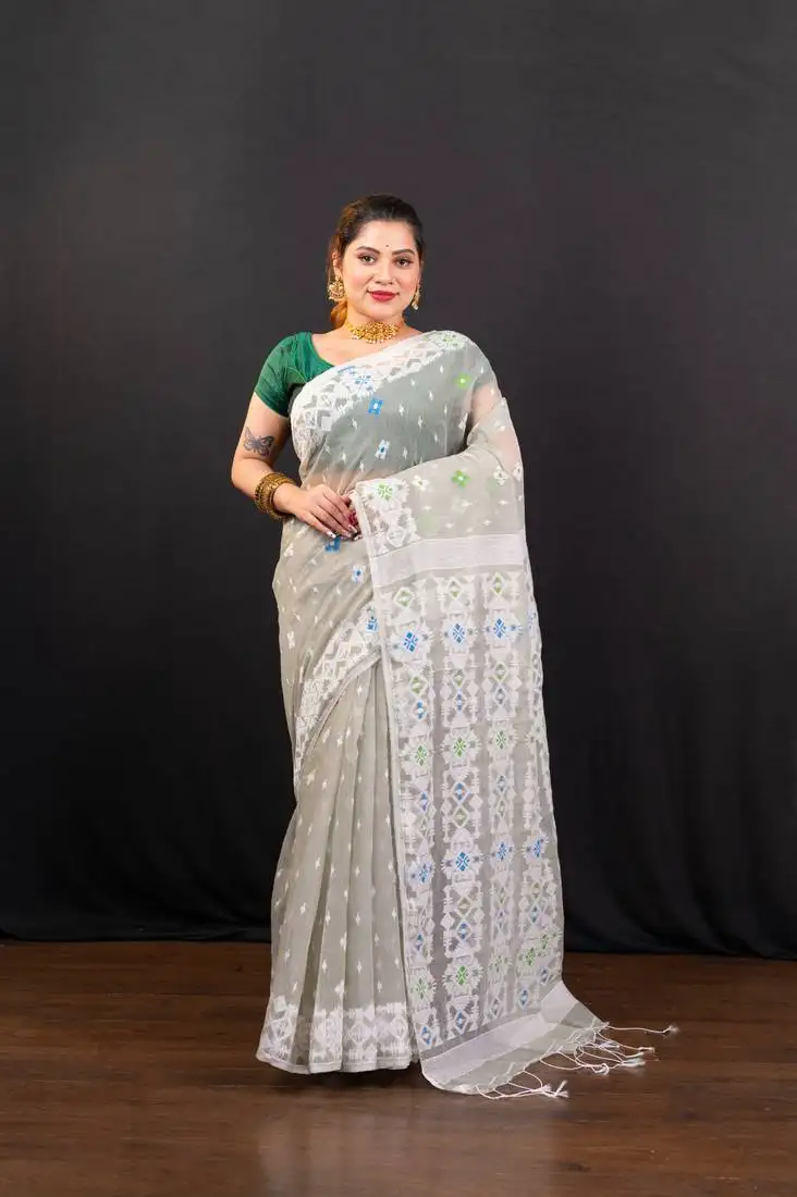 Grey cotton jamdani saree with offwhite woven motifs