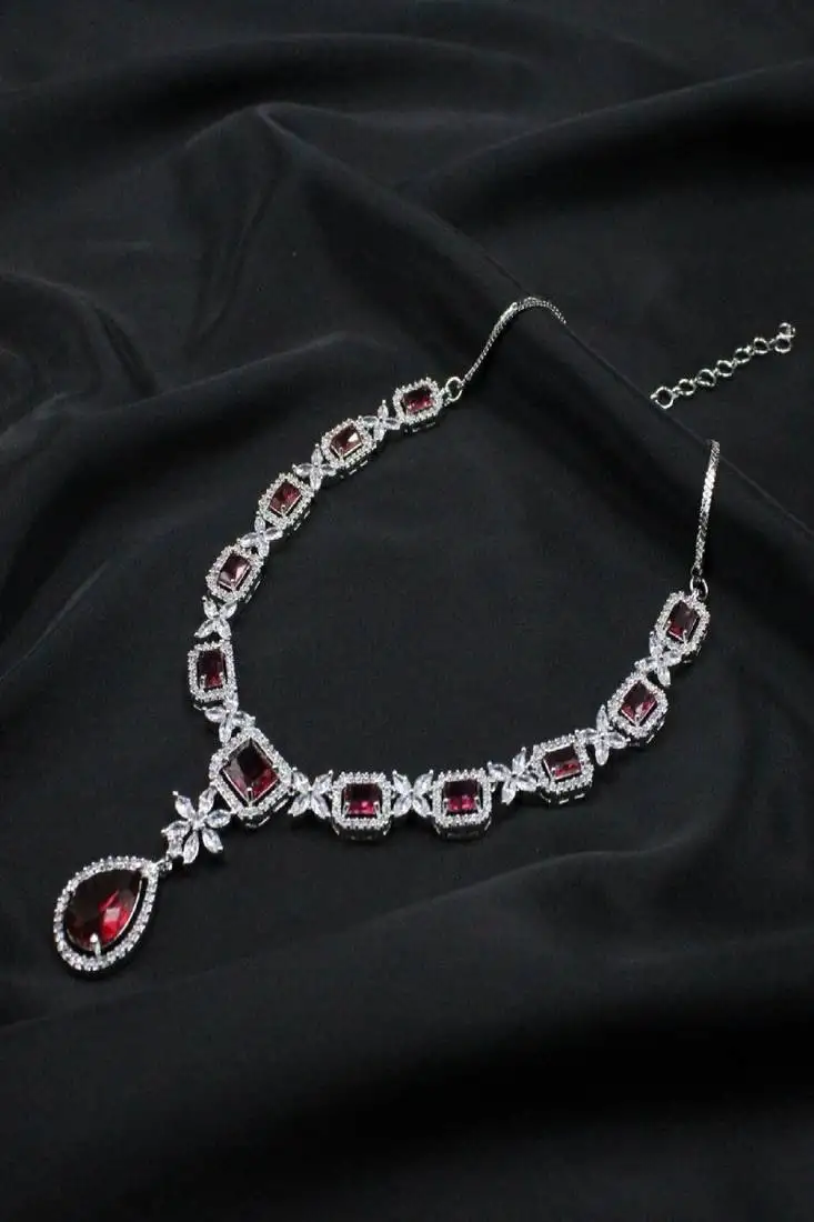 Pink rhodium plated ruby synthetic stone zircon short necklace set