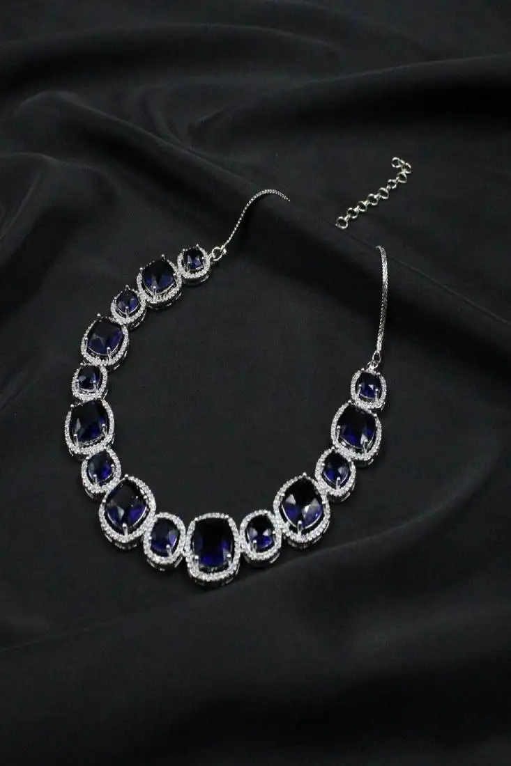 Blue rhodium plated blue synthetic stone zircon choker necklace set