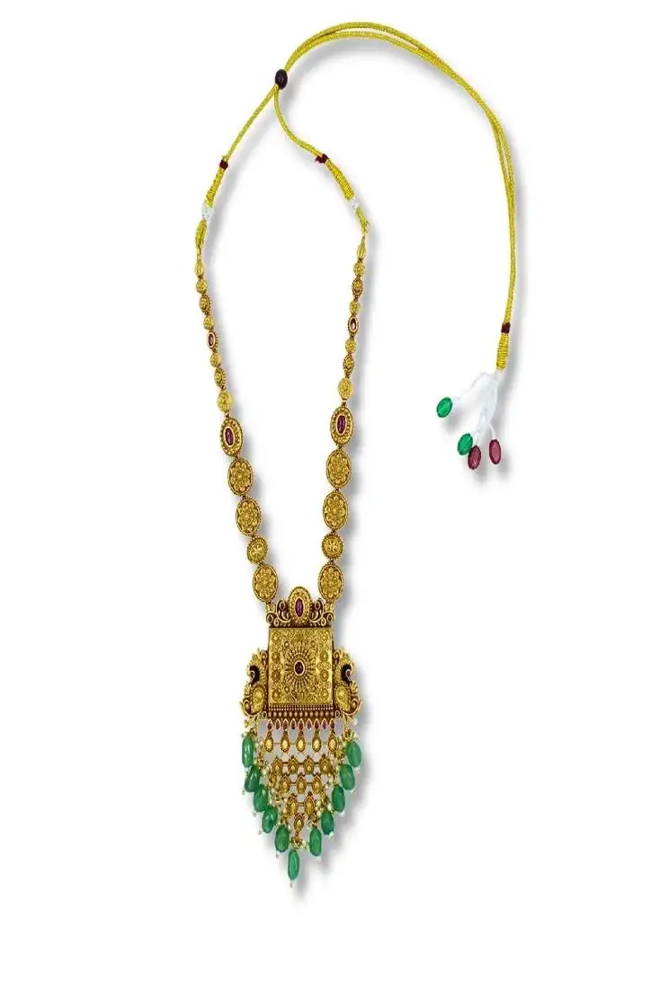 Gold plated green long temple necklace set