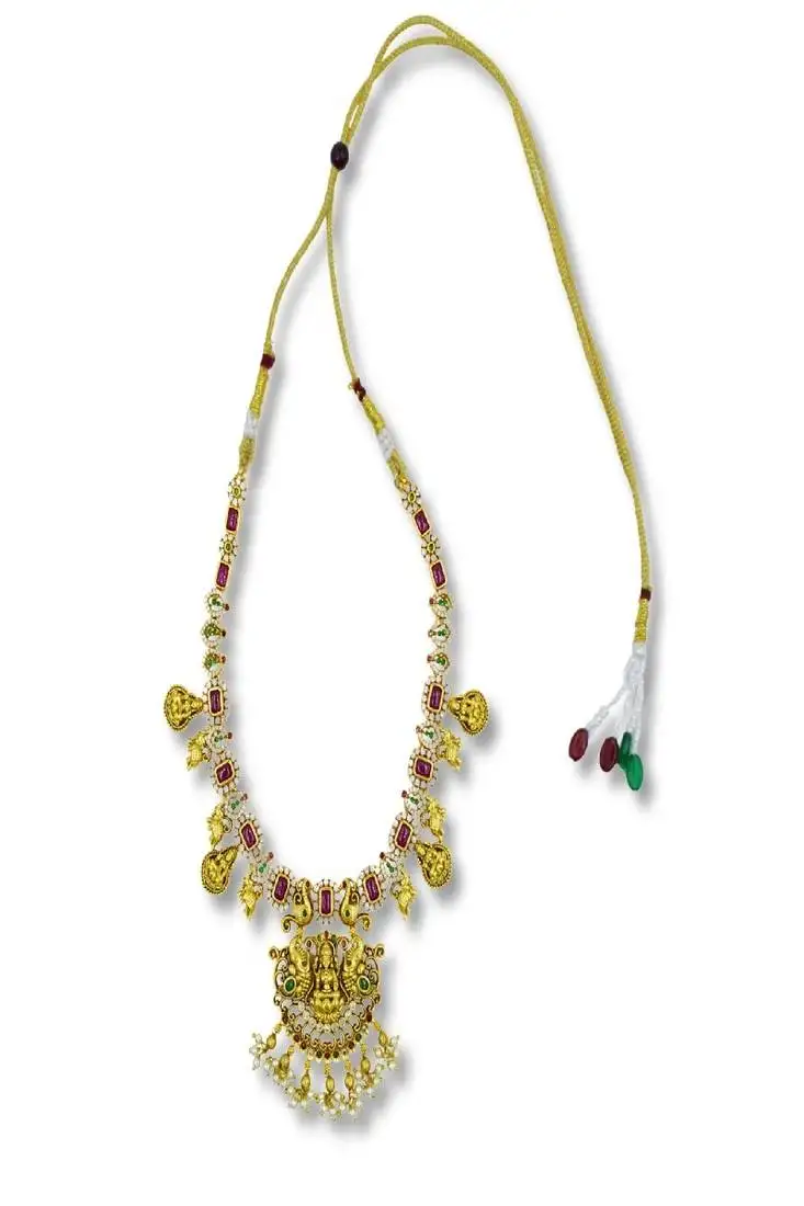 Gold plated red synthetic stone pearl cz temple long necklace set
