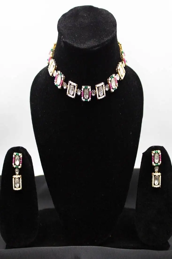 Multicolor gold plated beads moissanite kundan choker necklace set