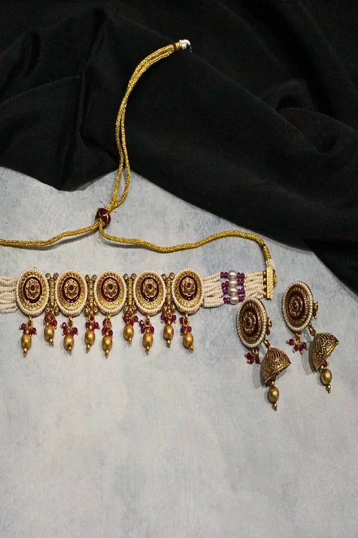 Red gold plated maroon meenakari traditional rajwadi choker necklace set