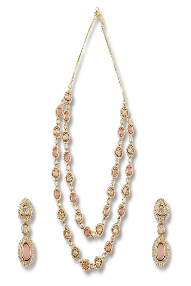 Gold plated pink onyx moissanite kundan layered long necklace set