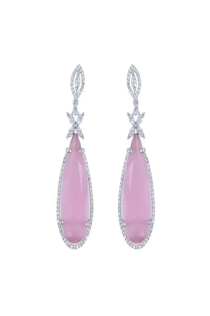 Pink rhodium plated zircon pink synthetic stone dangler earrings