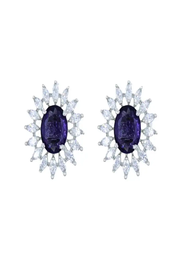 Blue rhodium plated dark blue synthetic stone zircon stud earrings