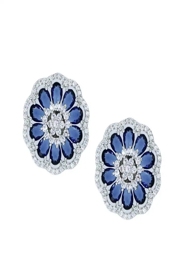 Blue rhodium plated purple synthetic stone zircon flower stud earrings