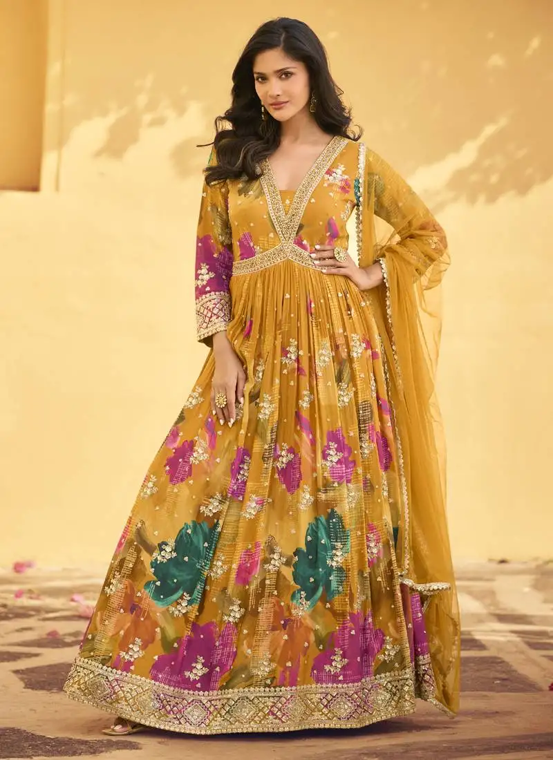 Yellow chinon silk embroidered anarkali suit stitched