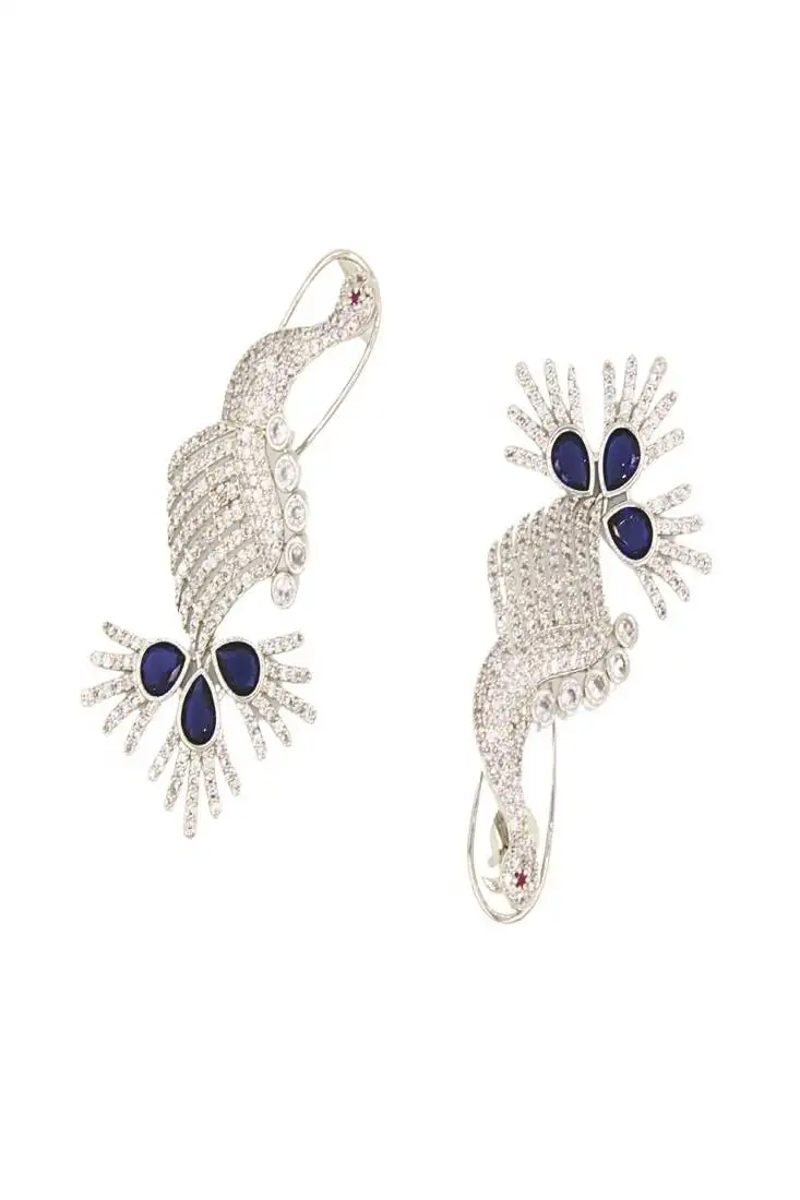 Blue rhodium-plated peacock design with zircon & blue synthetic stones dangler earrings