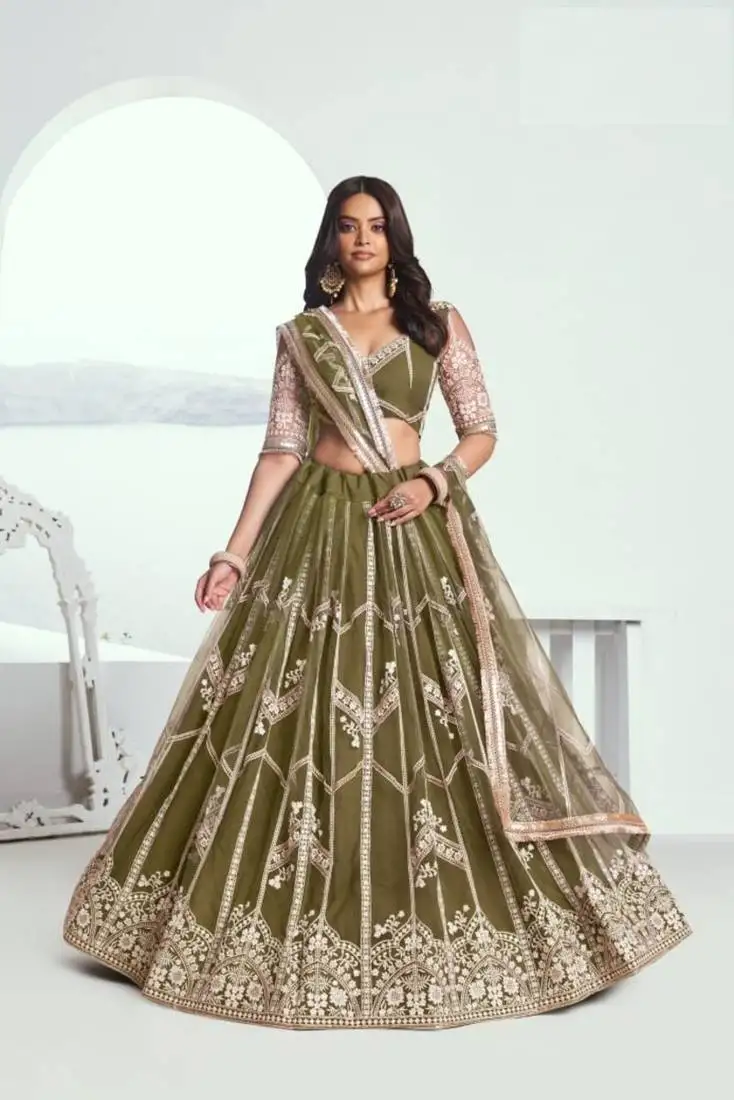 Mehndi green heavy embroidery net semi stitch a line lehenga with blouse