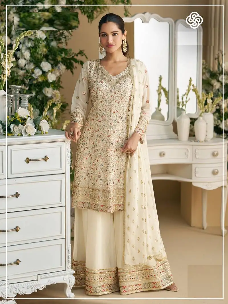 Cream embroidered faux georgette semi-palazzo style salwar suit semi stitched