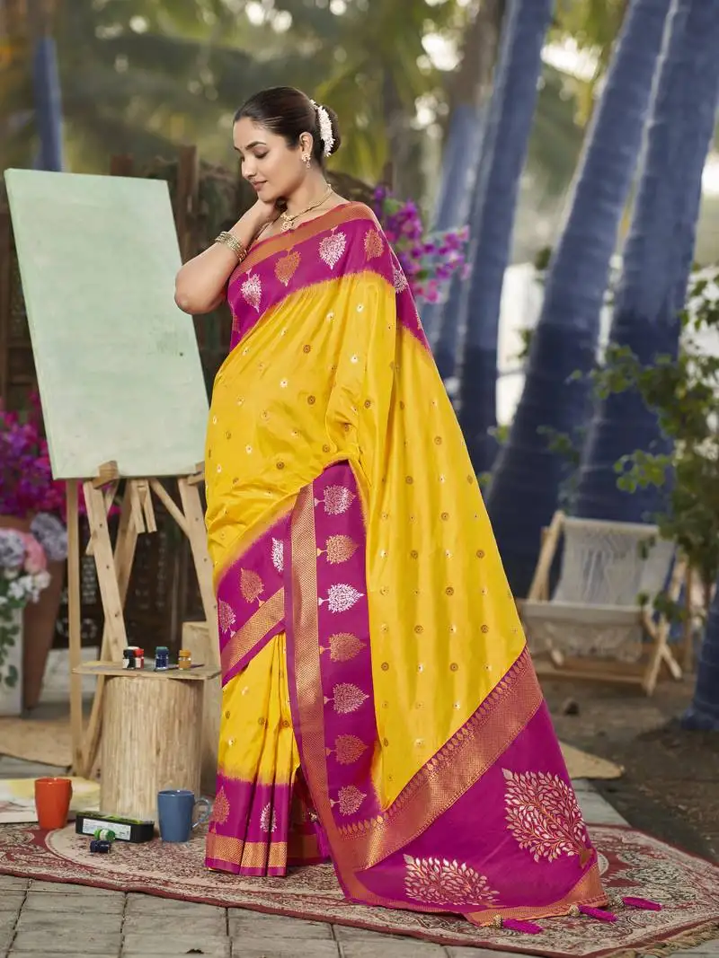 Yellow and pink art banarasi silk woven heavy jacquard work saree with pink blouse piece