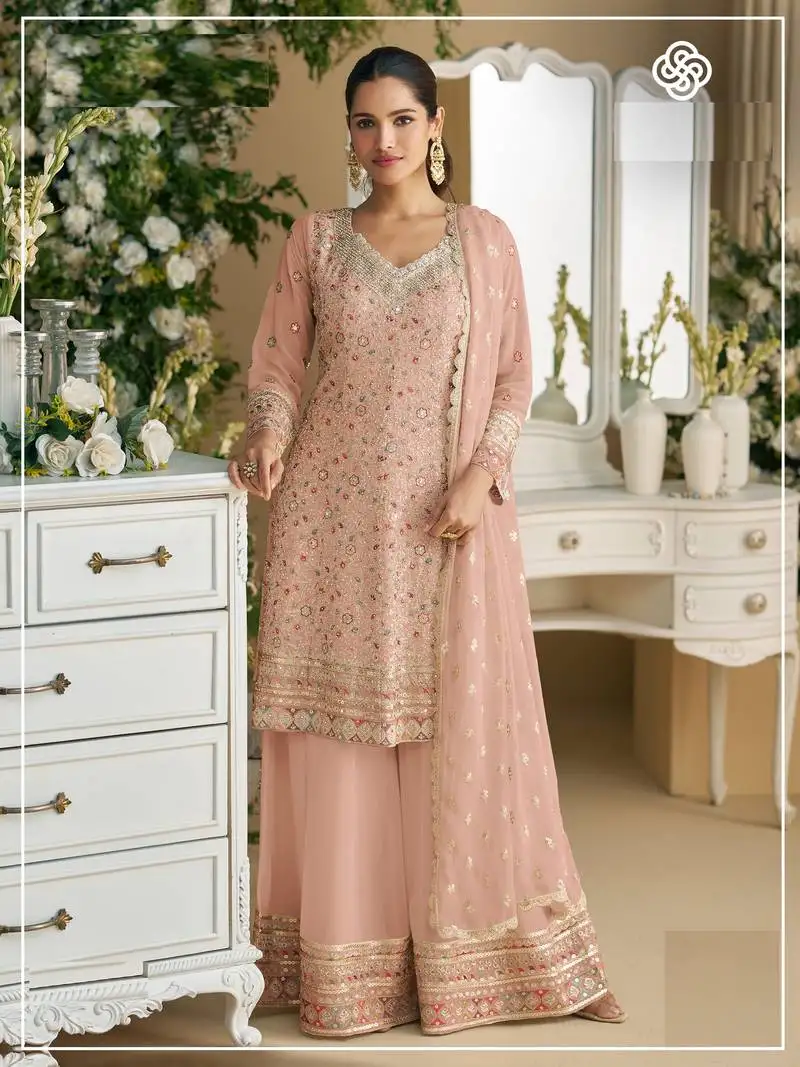 Peach embroidered faux georgette semi-palazzo style salwar suit semi stitched