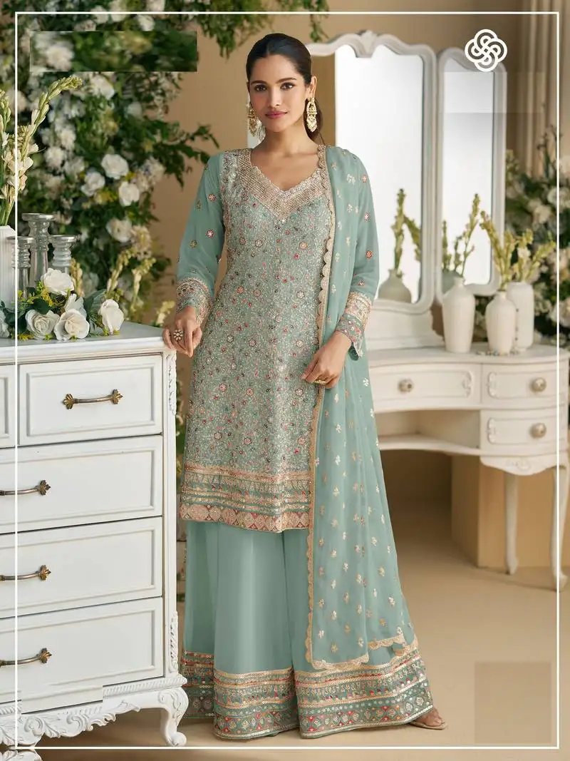 Sky embroidered faux georgette semi-palazzo style salwar suit semi stitched