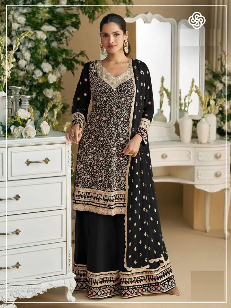 Black embroidered faux georgette semi-palazzo style salwar suit semi stitched