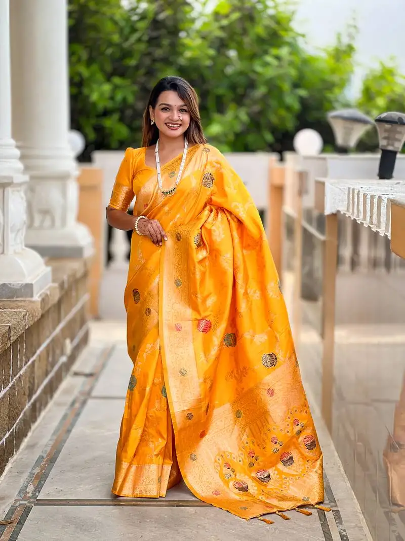 Yellow soft silk blend saree with zari weaving meenakari design
