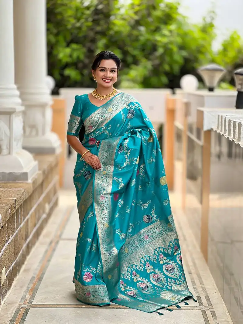 Sea green soft silk blend saree with zari weaving meenakari design