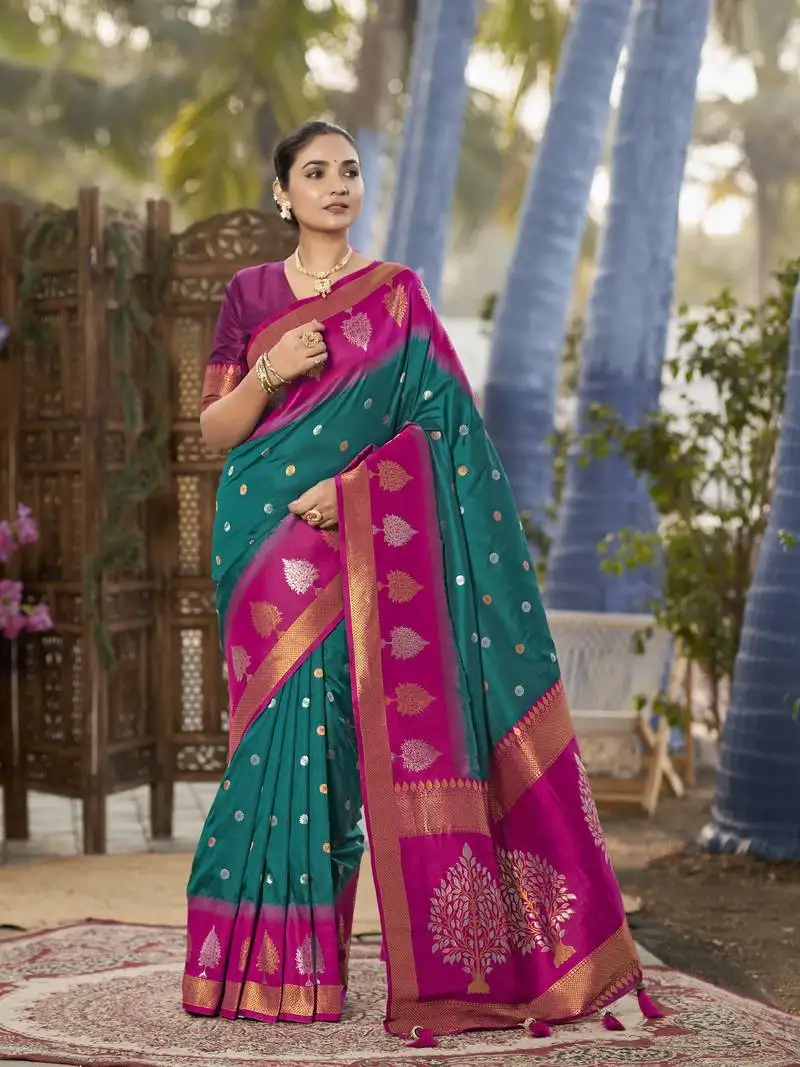Green and pink art banarasi silk woven heavy jacquard work saree with pink blouse piece