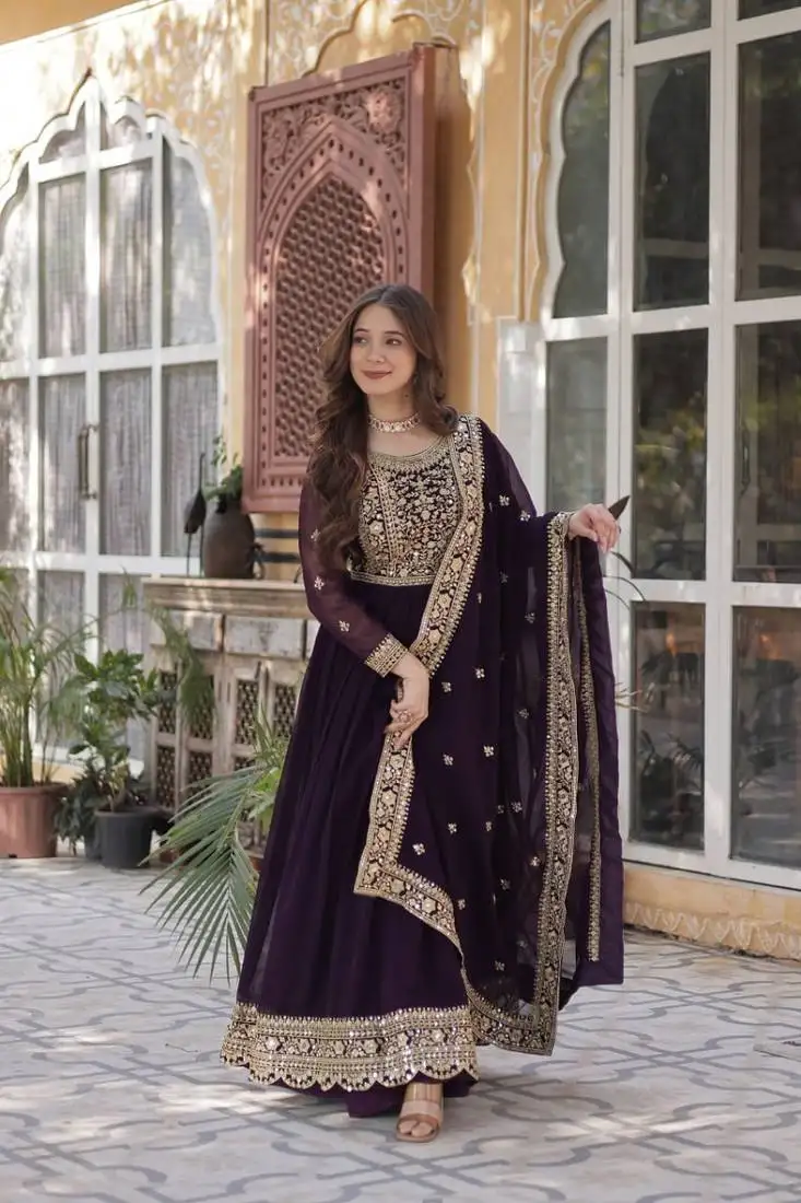 Wine faux blooming with embroidery zari sequins-work gown with dupatta