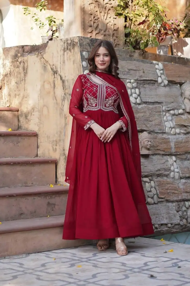 Maroon faux blooming with sequins-multi & beads embroidered work gown dupatta
