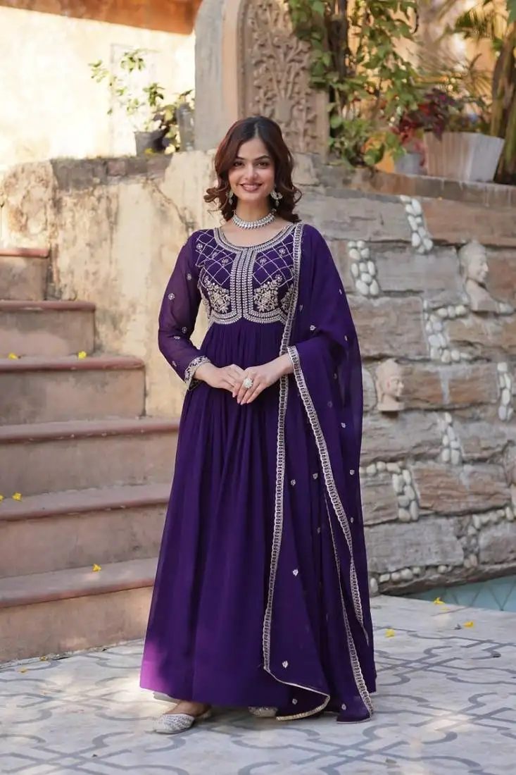 Purple faux blooming with sequins-multi & beads embroidered work gown dupatta