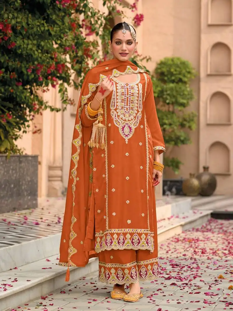 Orange embroidered chinon semi-palazzo style salwar suit semi stitched