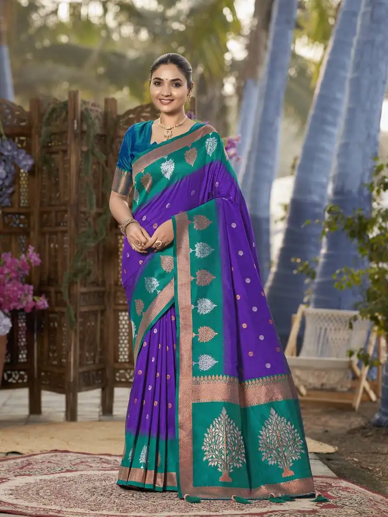 Purple and turquoise blue art banarasi silk woven heavy jacquard work saree with blue blouse piece
