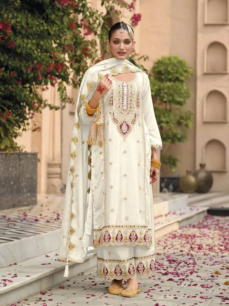 White embroidered chinon semi-palazzo style salwar suit semi stitched
