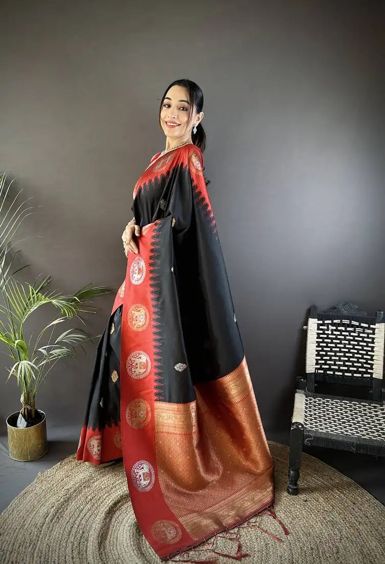 Black soft silk blend butti zari weaving work banarasi saree