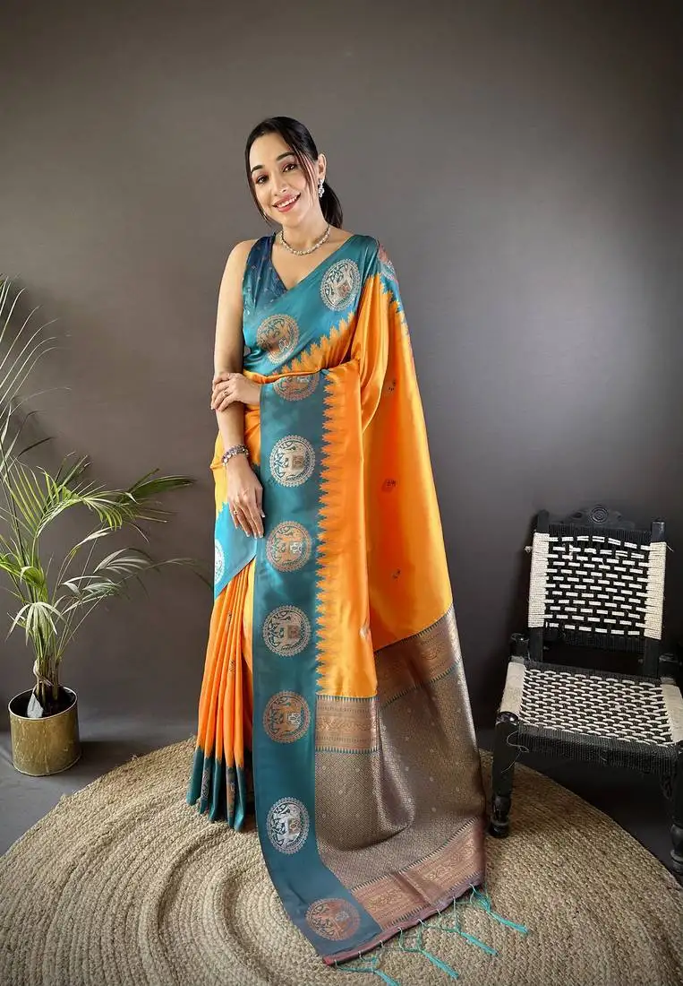 Orange soft silk blend butti zari weaving work banarasi saree
