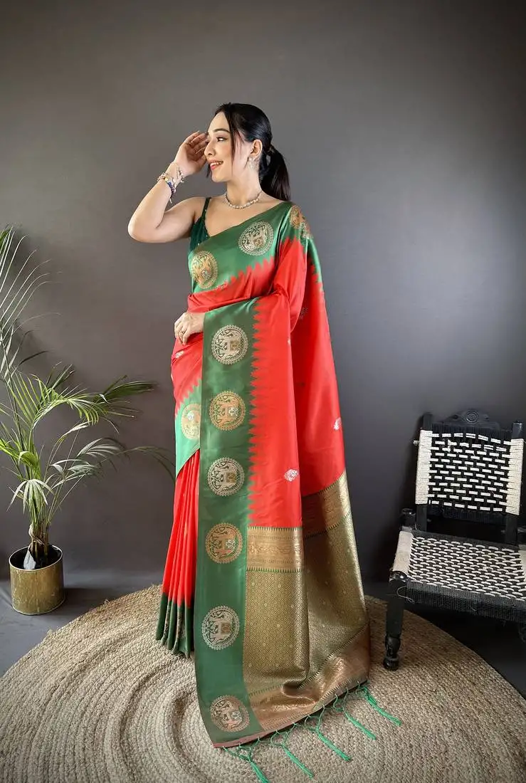 Red soft silk blend butti zari weaving work banarasi saree