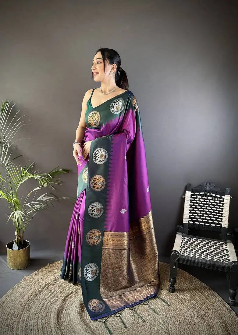 Purple soft silk blend butti zari weaving work banarasi saree