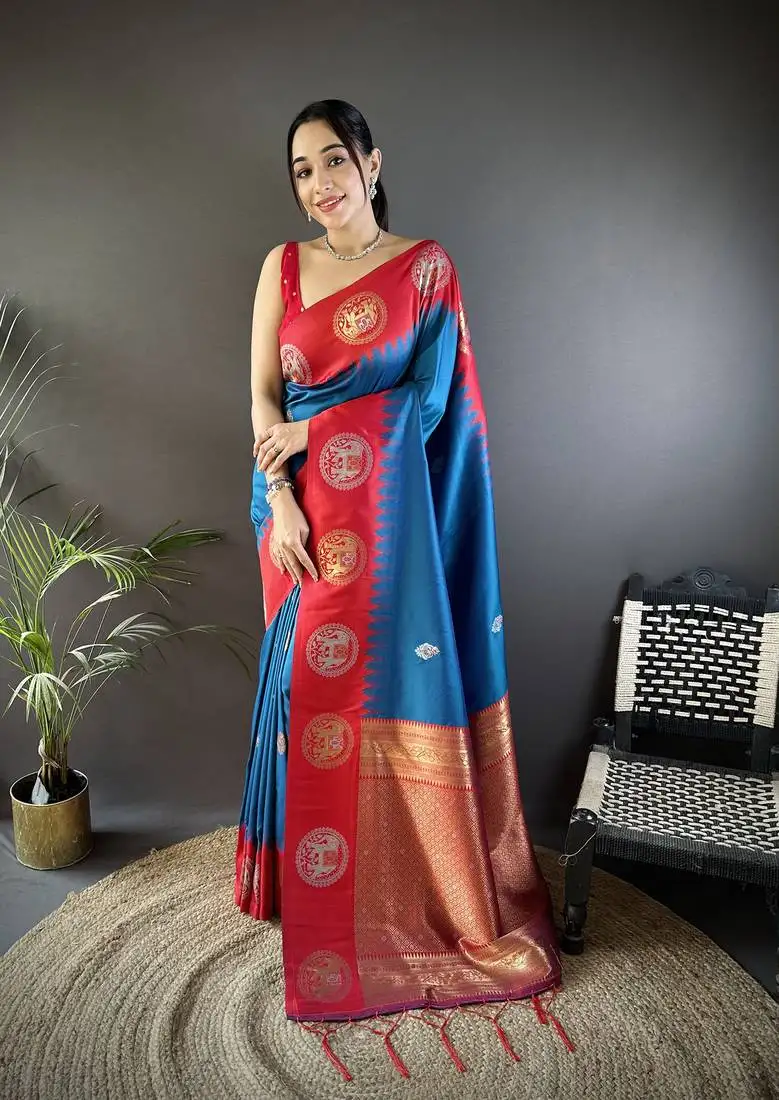 Blue soft silk blend butti zari weaving work banarasi saree