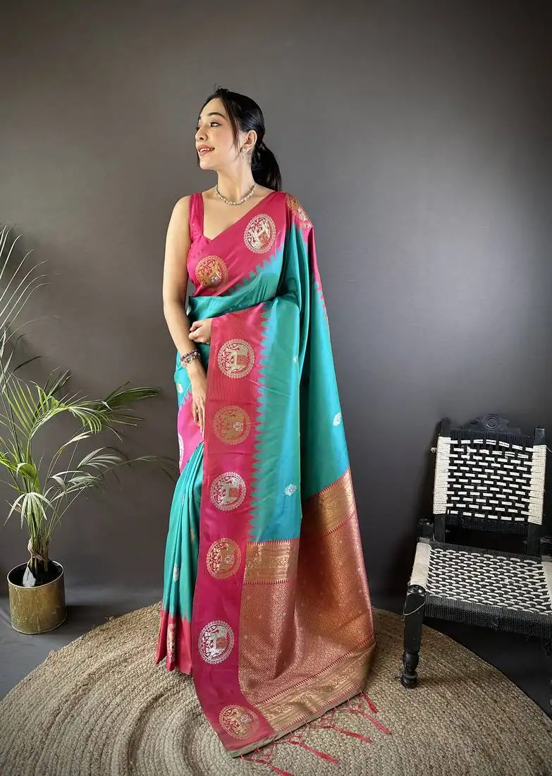 Teal soft silk blend butti zari weaving banarasi saree