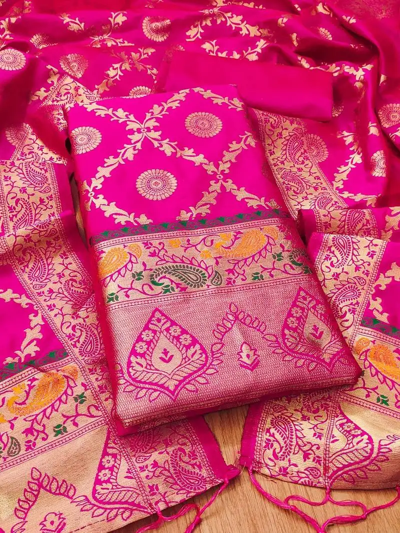 Ranipink soft banarasi silk zari woven design dress material unstitched