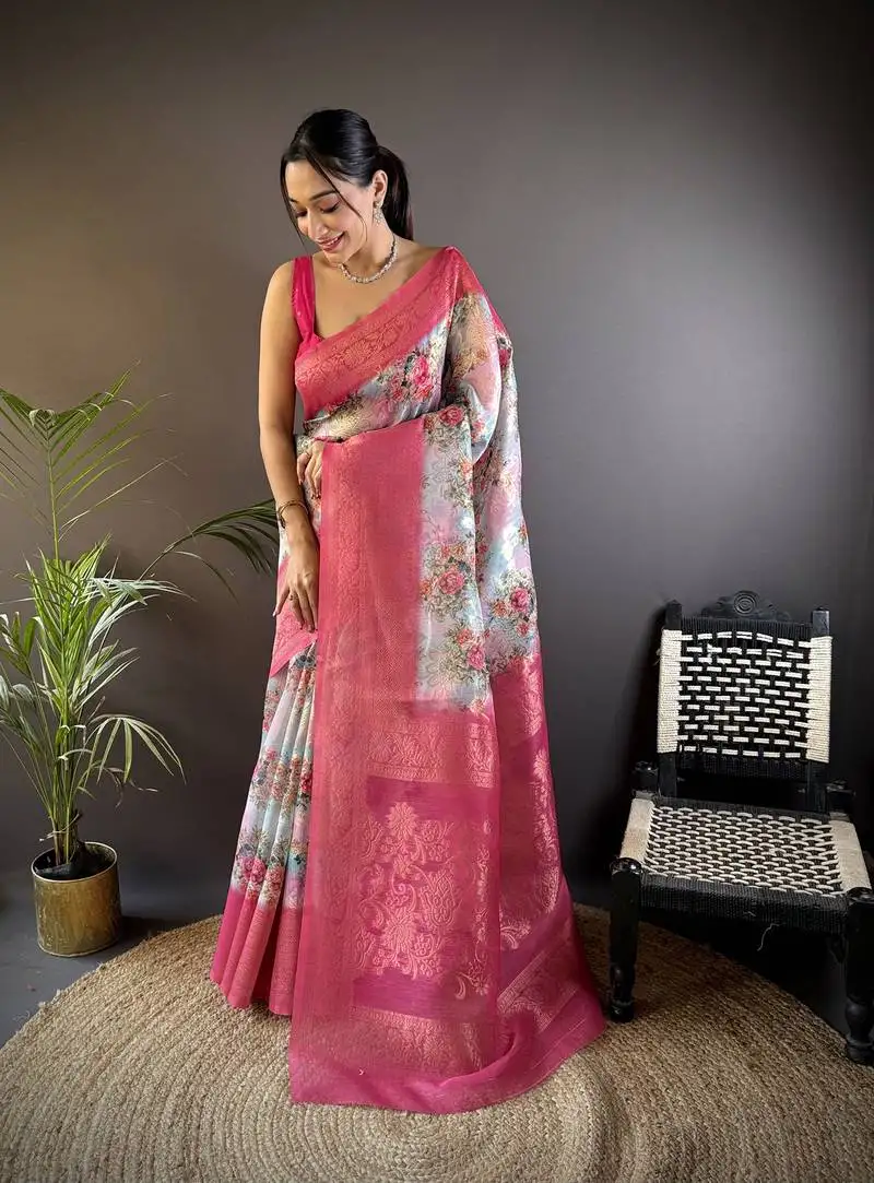 Off-white soft silk blend floral motifs zari weaving work banarasi saree