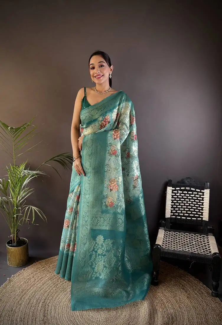 Teal soft silk blend floral motifs zari weaving work banarasi saree