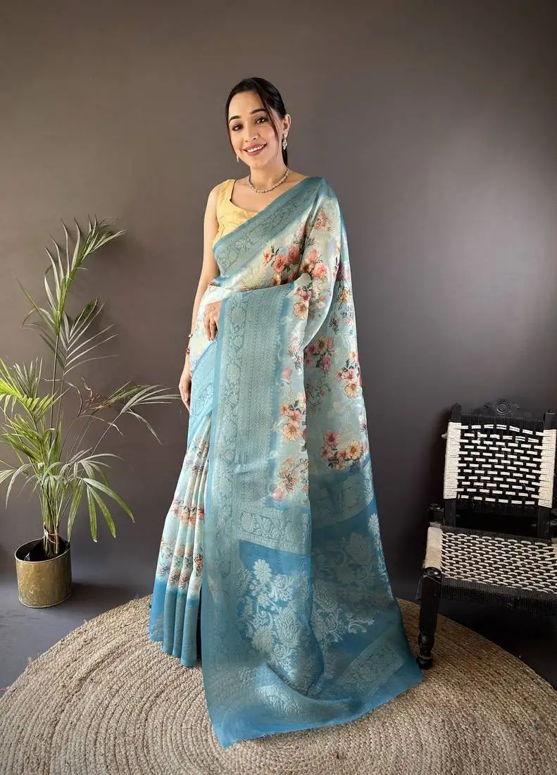 Light blue soft silk blend floral motifs zari weaving work banarasi saree
