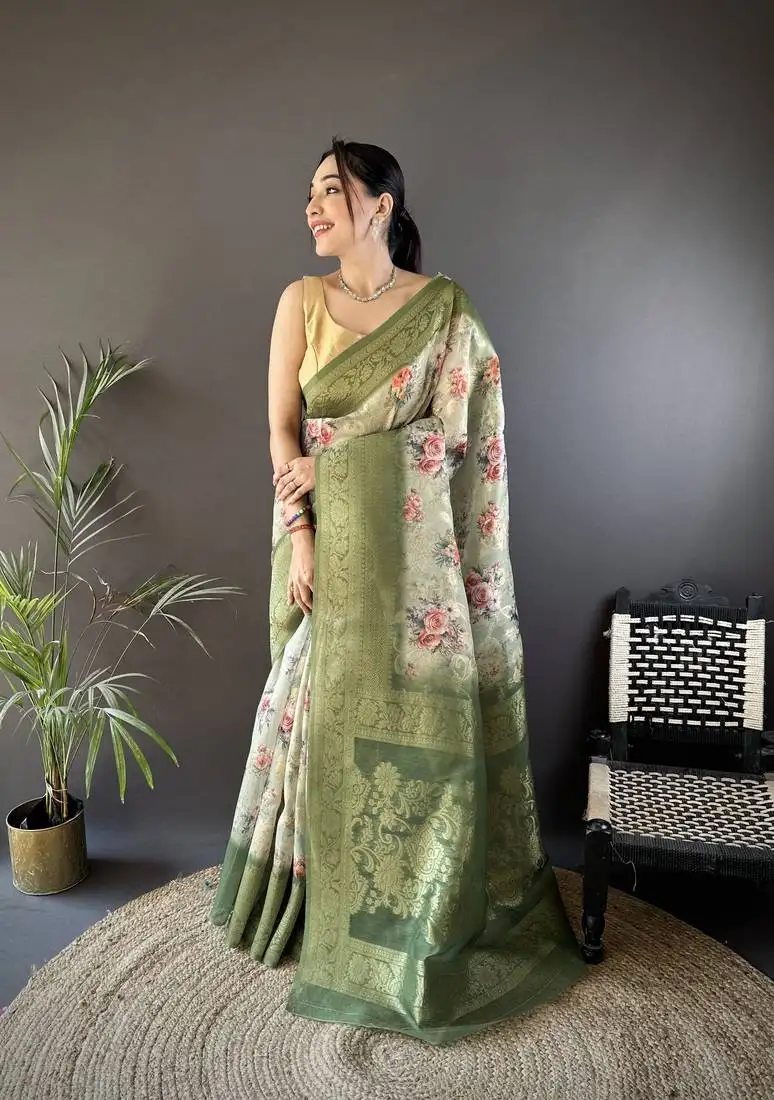 Off white soft silk blend floral motifs zari weaving work banarasi saree