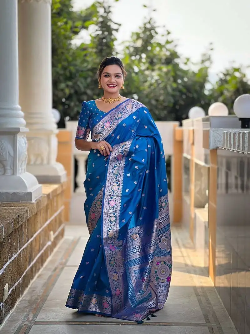 Skyblue soft banarasi silk blend meenakari weaving saree with unstitched blouse