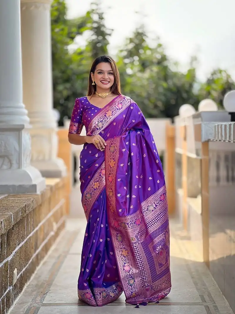 Violet soft banarasi silk blend meenakari weaving saree with unstitched blouse