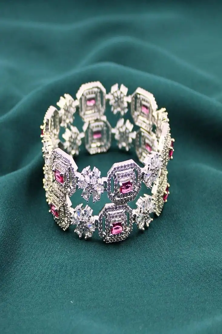 Rhodium plated red onyx stone zircon studded slide bangles set of 2