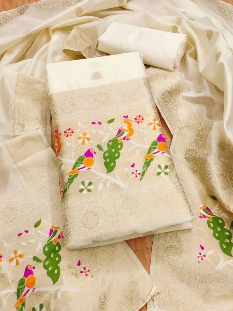 White soft banarasi silk zari woven design dress material unstitched